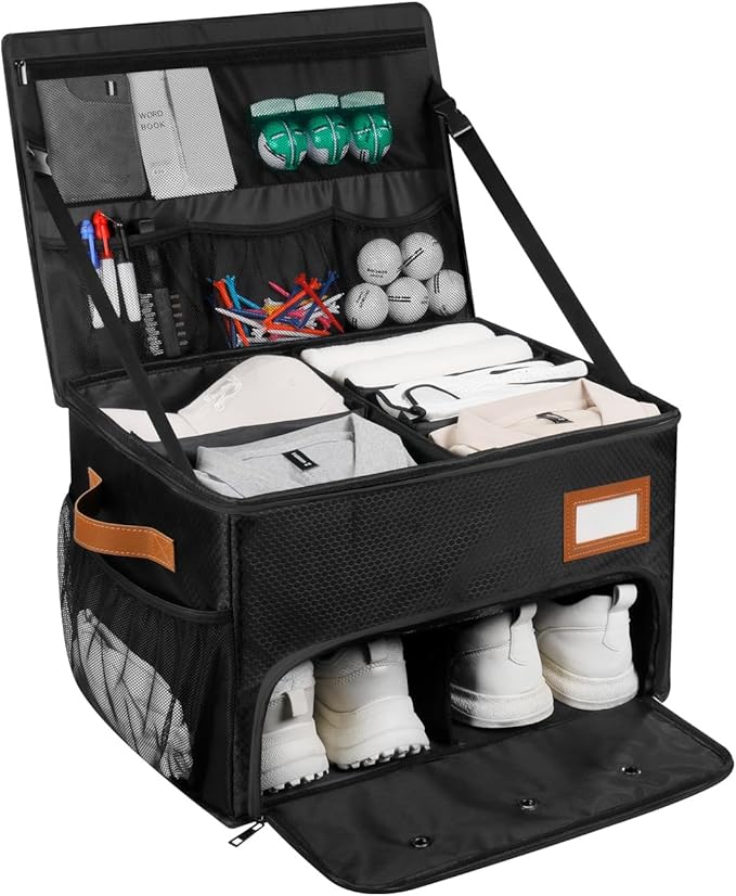 2 Layer Golf Trunk Organizer, Golf Organizer with 2 Pairs Shoes Compartment, Golf Storage Waterproof Car Trunk Locker for Balls, Caps, Clothes, Gloves, Accessories, Gifts for Golfers by XHGWJSX