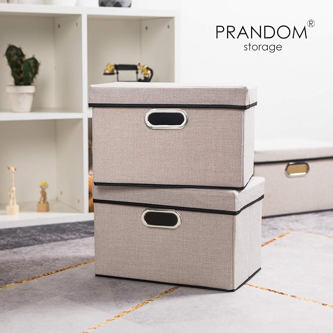 PRANDOM Foldable Storage Bin with Lid [5-Pack] Linen Fabric Decorative Storage Box Organizer Container Basket Cube with Handles Divider for Closet Office Living Room Light Grey(14.9x9.8x9.8) - Image 2