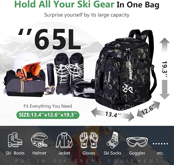 MORXPLOR Ski Boot Bag - 65L Padded, Waterproof Ski Travel Backpack for Gear & Accessories - Image 2