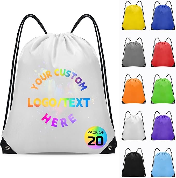 Grneric Custom Drawstring Bags Bulk 10/20/50/100/200 Pack, Promotional Items With Your Logo Personalized String Backpack for Gym, Sport, Travel, White by Grneric