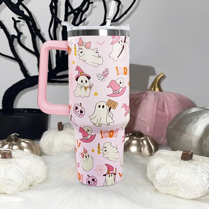 30 oz Halloween Pink Boo Tumbler Insulated Stainless Tumbler,Goth Ghost Travel Coffee Cup Water Botter, Witch Goth Decor Halloween Gifts For Women