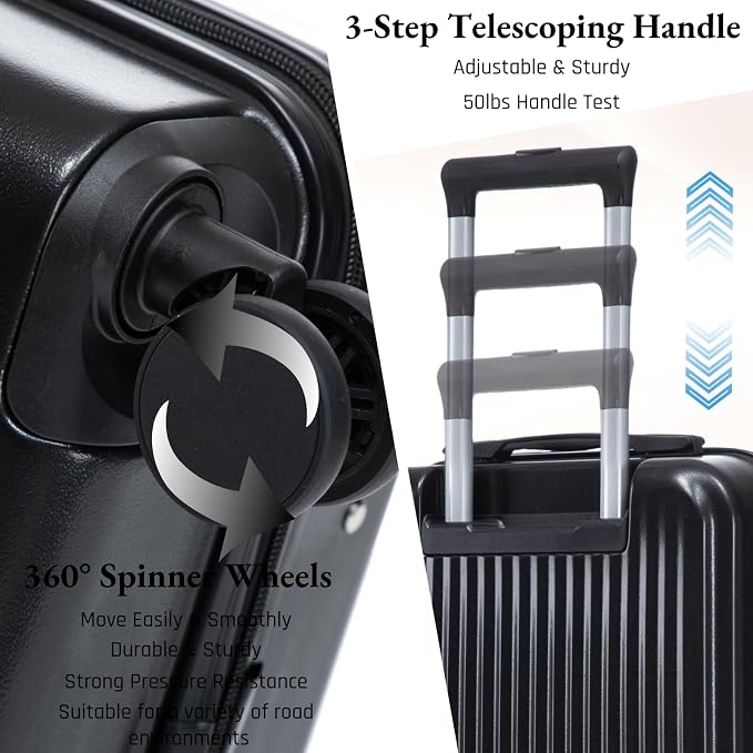 2 Pcs ABS Spinner Luggage Set - 14" Cosmetic Case & 20" Carry-On with Combination Lock, Front Opening Design, Black - Image 4