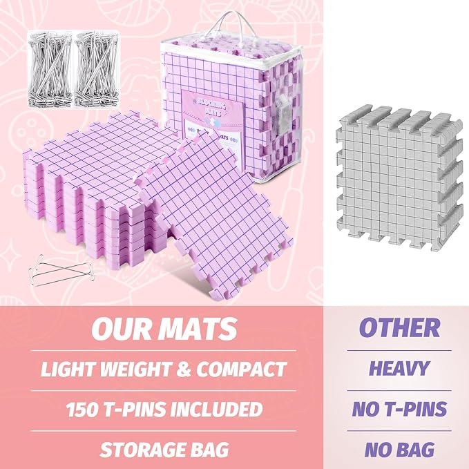 Opstin Knitting Blocking Mats and Pins, Interlocking Blocking Boards for Crochet Projects 0.75'' Extra Thick Blocking Mats with 150 T-Pins and Storage Bag - Image 6