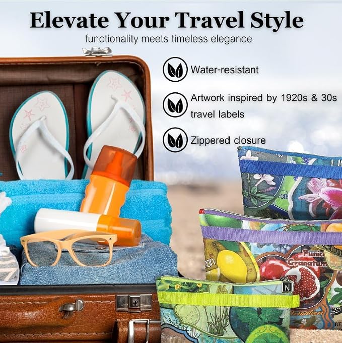 Nabila K Set of 3 Travel Pouches - Part of the Voyager's Garden Collection - 3 Different Sizes - Smallest Meets Most Guidelines for Liquids & Carry On - Zipper Closure - Image 2