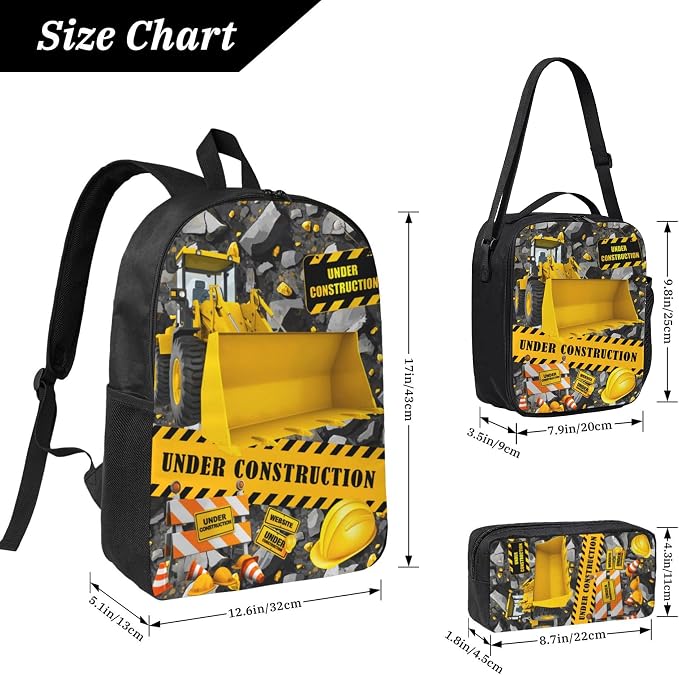 Construction Machines Cars Kid Backpack Set with Lunch Bag & Pencil Case Large Capacity School Bag 17 Inch Bookbag for Boy Girl - Image 3