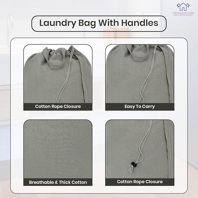 LFH Home Cotton Rich Large Laundry Bag with Handle, Heavy Duty Drawstring Closure Washable Laundry Bags, School Travel, Home, Hotel, College Dorm, Organizer Sack, Toys Clothes 28x40 (Pack 2)-Grey - Image 3