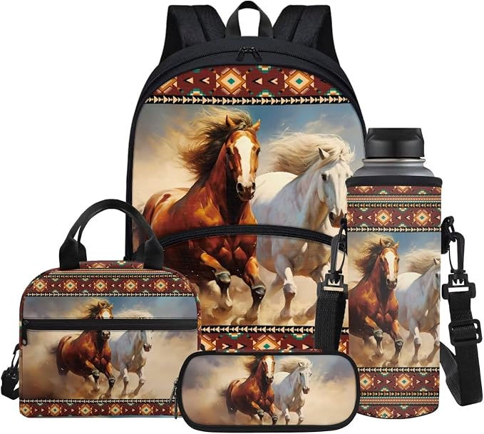 Aztec Western Backpack for Boys School Bag Running Horse Print Large Capacity Bookbag with Thermal Lunch Box & Water Bottle Cover & Zipper Pencil Case for Camping Hiking Travel by Glomenade