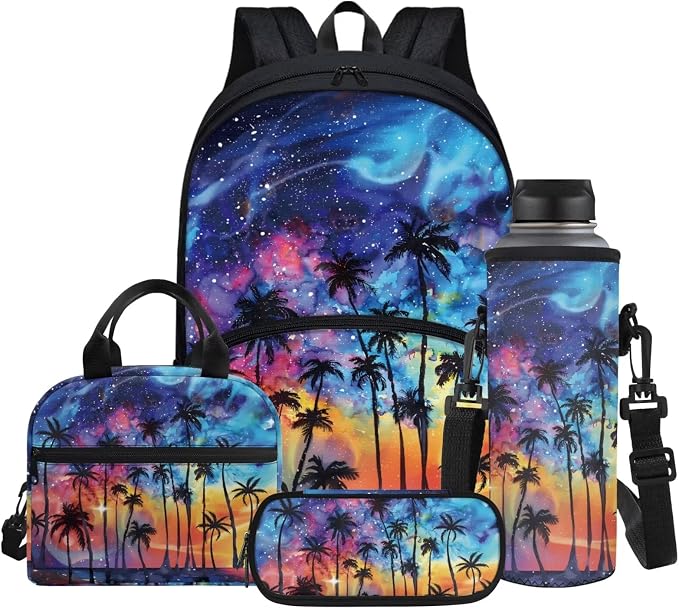 Kids School Bag Galaxy Hawaii Palm Trees Print Backpack for Boys with Lunch Box Cooler Water Bottle Sleeve Cover Small Portable Pencil Pen Case Back to School Supplies by Glomenade