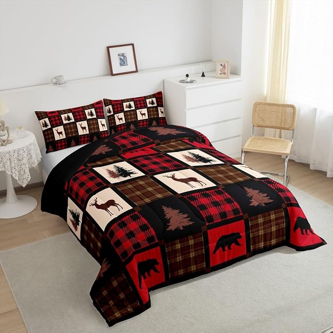 Rustic Deer Pattern Comforter Set Full,Elk Moose Bear Bedding Set for Farmhouse Decor,Buffalo Plaid Grid Down Comforter,Rustic Red Country Style Woodland Patchwork Quilted Comforter,2 Pillowcases - Image 5