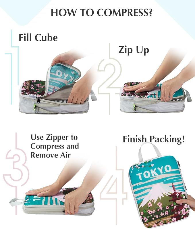 Gonex Compression Packing Cubes, 6pcs Expandable Storage Travel Luggage Bags Organizers with Shoe Bag Laundry Bag, Travel Cubes for Suitcase Carry On (Urban Landscape) - Image 7