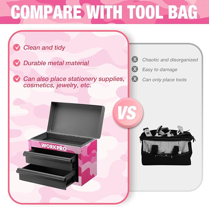 WORKPRO Metal Mini Tool Box with 2 Drawers and Top Storage | Cold Rolled Steel Toolbox, Ball Bearing Slides, PVC Drawer Liners, PP Feet Pads, Durable Storage - Image 4