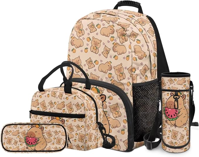 Cute Capybara Backpack Set for Boys Girls 4 Pieces School Backpack with Lunch Box & Pencil Case Pouch Water Bottle Sling Bag for Preschool Elementary Bookbag Set - Image 2