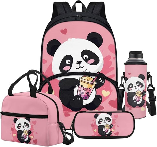 Panda Backpack for School,4Pack Cute Icecream PandaSchoolbag with Insulated Lunch Bag，Pencil Case,Bottle Holder Pouch for Girls,Toddler Backpack Elementary School Bookbag 17inch by FUIBENG