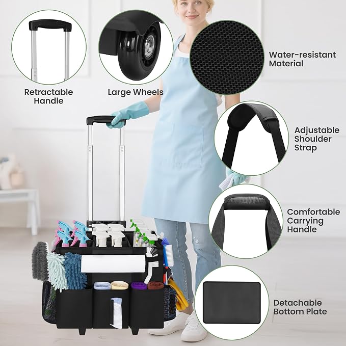 Large Rolling Cleaning Caddy with Detachable Trolley, Cleaning Supply Organizer Bag with Wheels & Multi-Pockets, Water-Resistant Cleaning Cart on Wheels for Housekeeping, Cleaner - Image 5