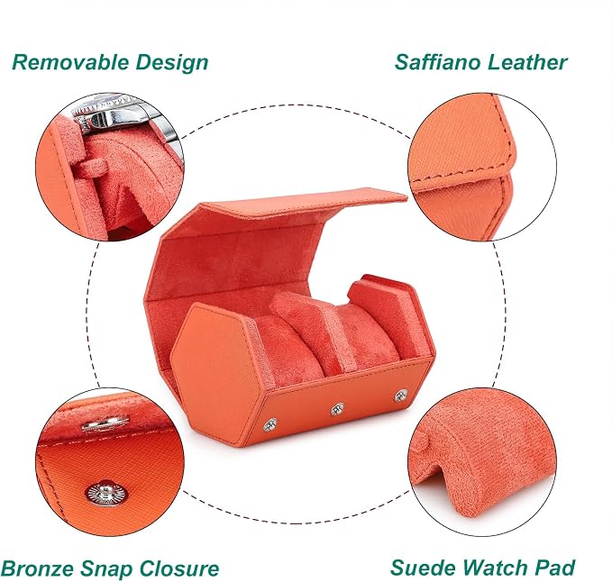 Hiram Genuine Leather Saffiano Watch Roll Travel Case, Leather 2-Watches Roll Case for Treasured Watches and Bracelets(Orange) - Image 6