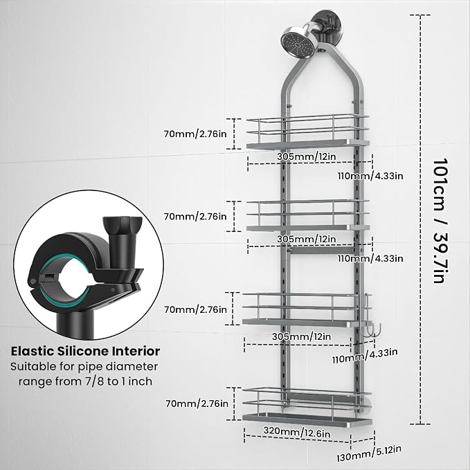 Shower Caddy Hanging (Silver), Adjustable Anti-Swing-Over The Shower Head Caddy, 4 Tier Height Bathroom Storage Organizer Bathroom Shelves Basket Rack Shower Caddies (4Tier) - Image 6