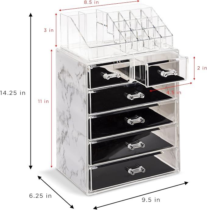 Sorbus Acrylic Makeup Organizer Set, 6-Drawer Vanity & Countertop Cosmetic Storage with Small & Wide Compartments, Marble Print Makeup Storage for Brushes, Jewelry – Holiday Gift for Women & Teens - Image 3