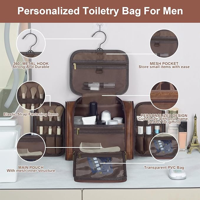 Personalized Toiletry Bag For Men, Large Capacity Travel Doop Kit, Vintage Color PU Leather, Custom Name Initials, Gifts for Dad, Husband, Boyfriend, Groomsmen, Birthday (Style 4) - Image 3