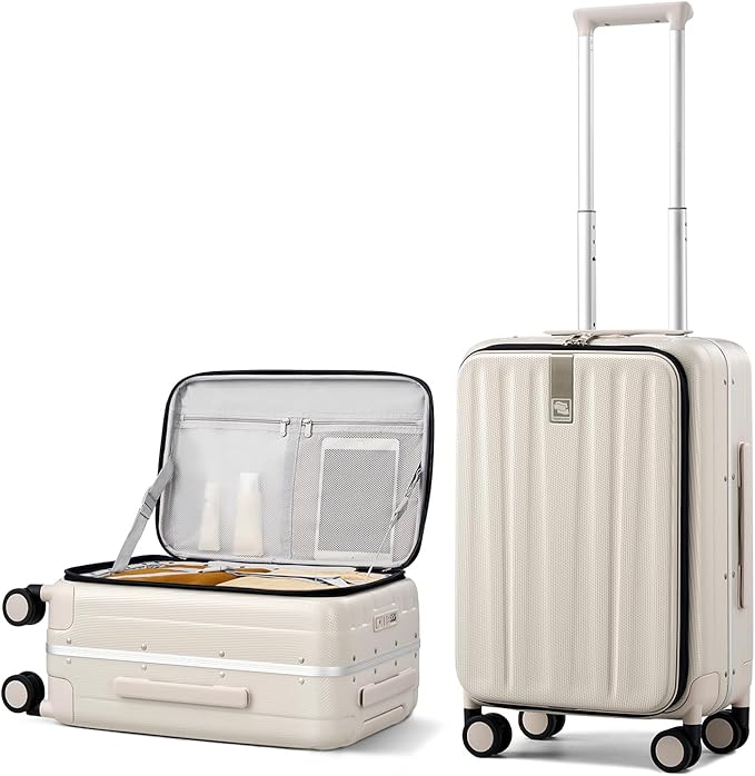 Hanke 20 Inch Carry On Luggage with Wheels PC Hard Shell Suitcase Top Opening Aluminum Frame Travel Luggage Suitcases for Woman Men Gifts.(Ivory White) by Hanke