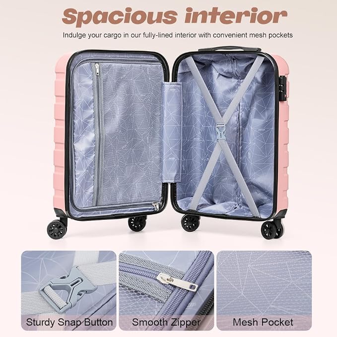 AnyZip Luggage Set 20 Inch Carry on Luggage PC ABS Hardshell Lightweight Suitcases for Travelling with 4 Universal Wheels TSA Lock Pink - Image 6