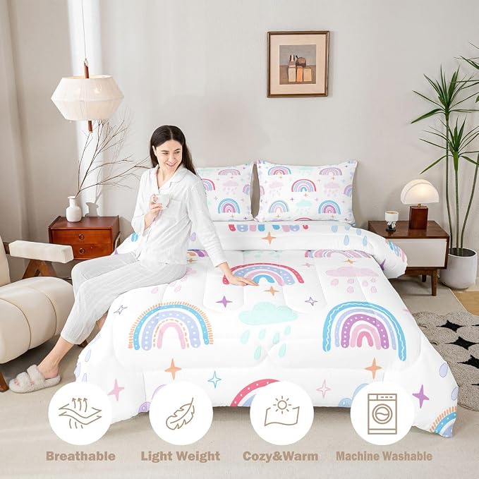 Rainbow Comforter Set For Kids, Pink Love Heart Duvet Insert Queen Size, Kawaii Clouds Quilted Duvet For Girls Boys Children Bedroom Decor, Hand Drawn Iridescent Stripes Quilt, White Pink Blue - Image 3