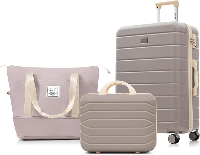 Hardside Luggage Sets, Lightweight Stripes Suitcase with Spinner Wheels, Rosybrown 20 by Merax