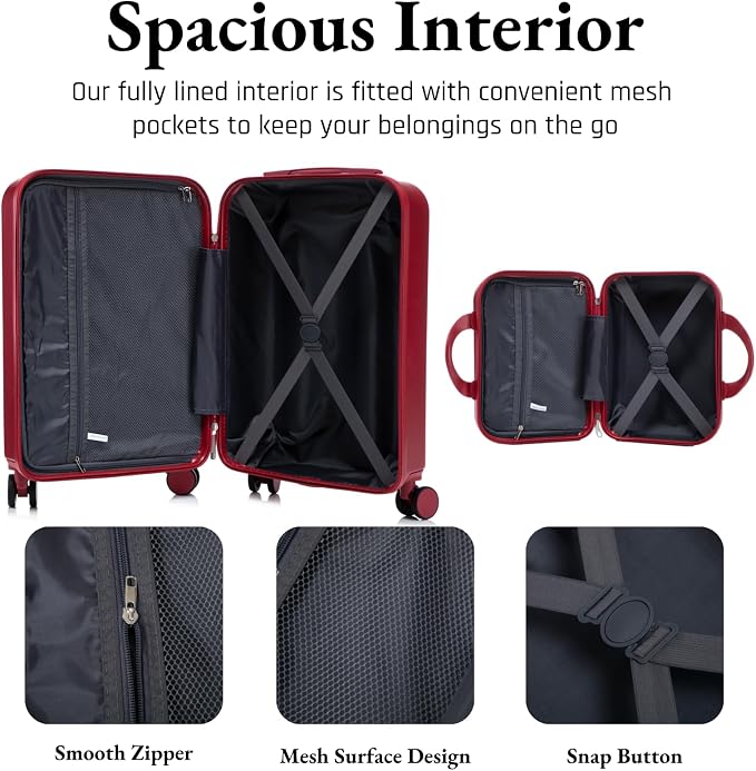2 Pcs ABS Spinner Luggage Set - 14" Cosmetic Case & 20" Carry-On with Combination Lock, Front Opening Design, Red - Image 5