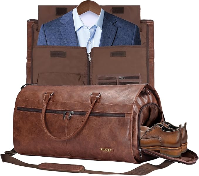 STOVER Garment Travel Duffle Bag, Large 2-in-1 Convertible Carry-on Luggage for Men & Women- Hanging Suits, Dresses & Clothes + Shoe Compartment- Weekender Tote Combo Duffel (Brown Leatherette) by STOVER