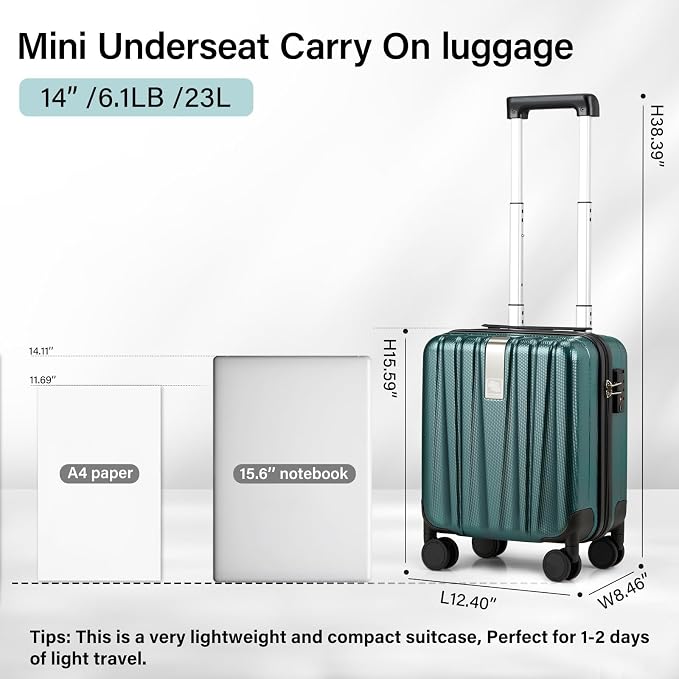 Hanke 14 Inch Underseat Carry On Luggage with Wheels Hard Shell Suitcases Lightweight Small Luggage for Weekender Mini Suitcase Carry On Bag Travel Luggage for Travel Rolling Suitcase.(Blackish Green) - Image 2