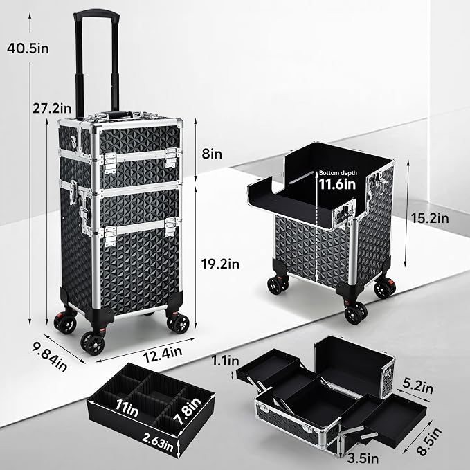 Professional Rolling Makeup Case, 3 in 1 Makeup Train Case, Cosmetology Case on Wheels, Large Makeup Trolley Salon Barber Traveling Trunk Suitcase for Makeup School Nail Tech Hairstylist MUA, Black - Image 6