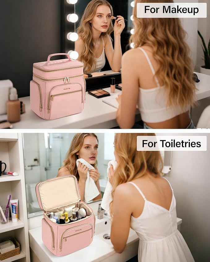 Hanke Large Toiletry Bag for Women Travel, Double Layer Organizer with Wide Opening for Full-Size Cosmetics & Toiletries, 12.2L Water-Resistant Makeup Bag,Pink - Image 9