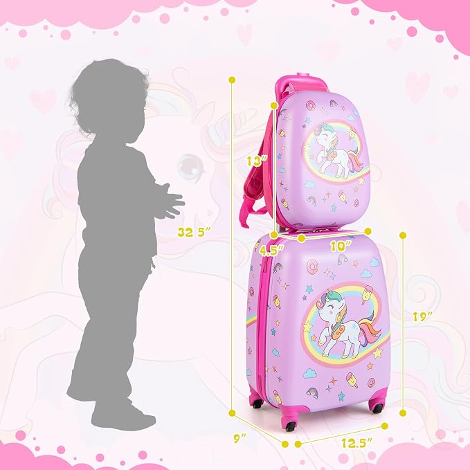 HONEY JOY Kids Luggage, 12" Toddler Backpack & 16" Travel Suitcase with Wheels, Lightweight Toddler Girls Suitcase, Durable ABS Hardshell, 2Pcs Carry On Luggage Set for Boys Girls(Pink Horse) - Image 8