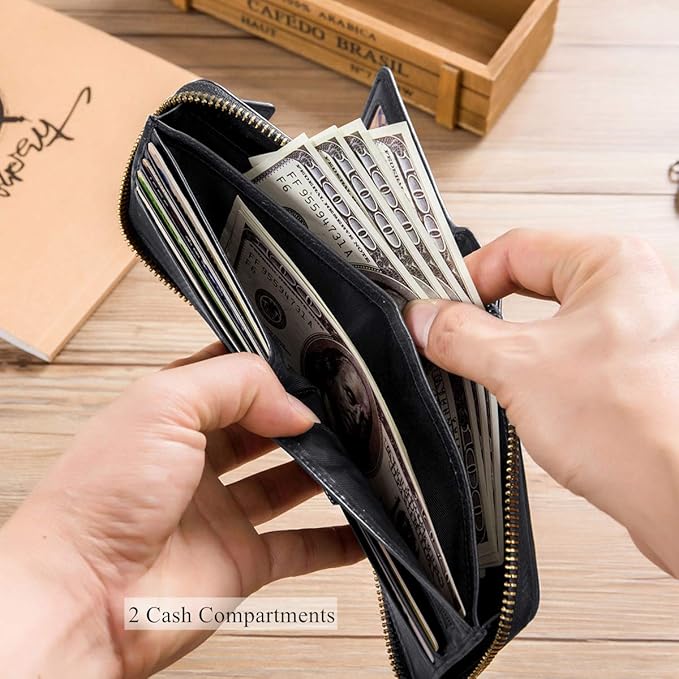 BULLCAPTAIN Genuine Leather Wallet for Men Large Capacity ID Window Card Case with Zip Coin Pocket QB-231 (Black)