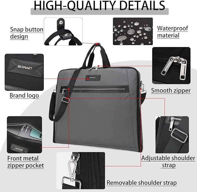 BESMART Garment Bags for Travel, 51" Large Suit Bag for Business Trips | Waterproof,Hangs 3 Suits,Foldable,Wrinkle Free Spacious Luggage Suit Cover,Adjustable Strap,Carry On Flight Approved,Grey - Image 4