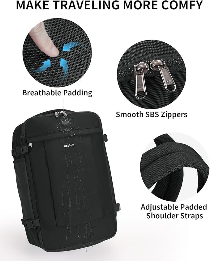ECOHUB Travel Backpack for Men Women, Carry on Backpack with USB Charging Hole, Spirit Airlines Personal Item Bag Flight Approved, 15.6 Inch Laptop Backpack with Anti Theft Pockets, 30L, Black - Image 7