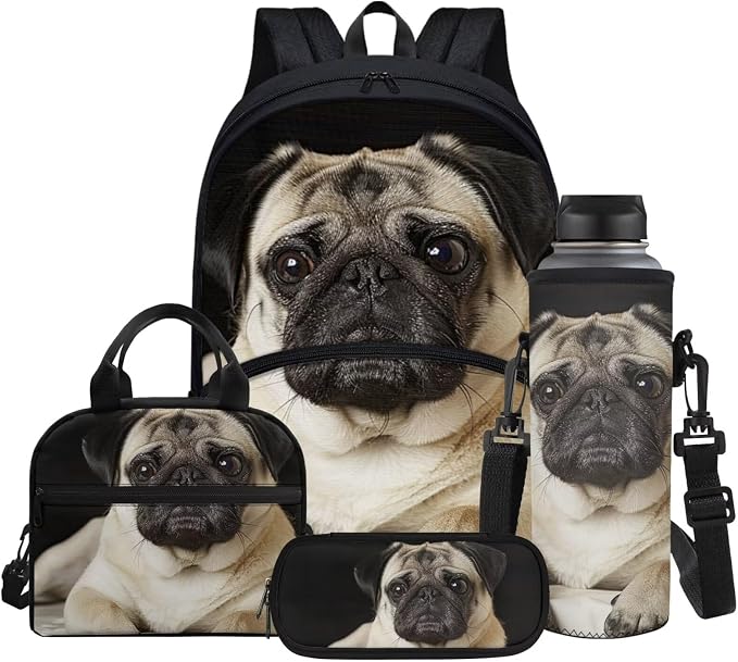 Cute Pug Print School Backpack for Girls Boys Full Set of 4 Casual Schoolbags with Insulated Thermal Lunch Box Cooler Water Bottle Carrier Portable Pencil Case by Glomenade
