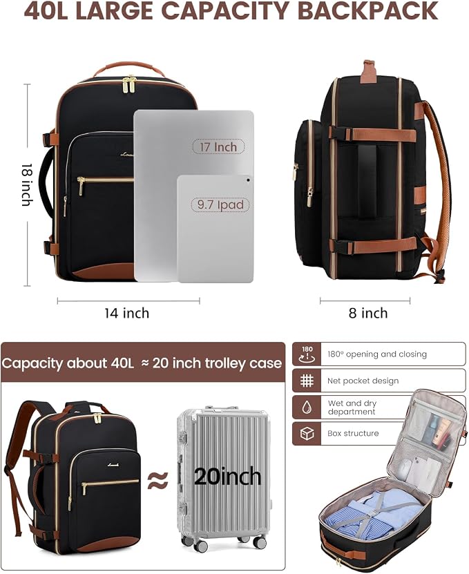 LOVEVOOK 40L Travel Backpack for Women & Men, Airline Approved Carry On Luggage with 3 Packing Cubes, TSA Overnight Bags, Waterproof Personal Item Bag, Weekender Essentials Backpacks fits 17" Laptop - Image 4