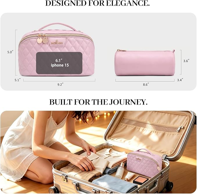 Travel Makeup Bags Cosmetic Organizer: 3Pcs Set Puffy Make up Bag for Women | Pink Premium Quilted ELEGANCE Design | Large Capacity Leather Toiletry Bags | Wide Open Compact Case for Travel Essentials - Image 7