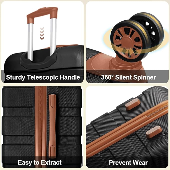 AnyZip Luggage Set 5 Piece PC ABS Hardshell Lightweight Suitcases for Travelling with 4 Universal Wheels TSA Lock Carry on Suitcase Black Brown - Image 6