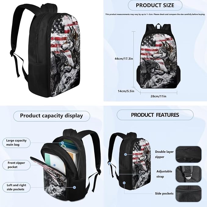 American Flag Wolf Backpack for Boys Kids Backpack with Lunch Box Water Bottle Bag and Soft Pencil Case 4PCS Set Bookbag with Compartments for School Teens 17 inch Large Capacity School Bag - Image 4