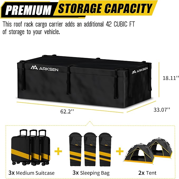 ARKSEN Roof Top Luggage Storage Bag for 64" x 39" Roof Baskets Waterproof 21.5 Cubic Feet (62.2" L x 33.07" W x 18.11" H) with 10 Straps Anti-Slip Mat 6 Door Hooks for All Vehicles with/Without Rack - Image 3