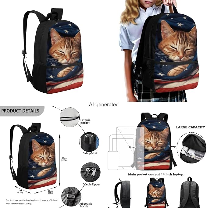 American Flag Cat Backpack for Girls Boys Backpack with Lunch Box Water Bottle Holder and Soft Pencil Pouch 4PCS Set Cute Bookbag with Front Pocket for School 17 inch Large School Bag for Kids - Image 3