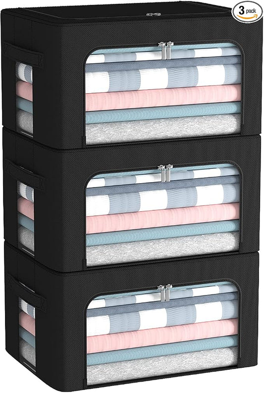 CYhom 3Pack Frame Storage Box - Clothes Storage Bin Bags Oxford Fabric Foldable Stackable Container Organizer Set with Clear Window & Carry Handles (Black, Small-22L) by CYhom