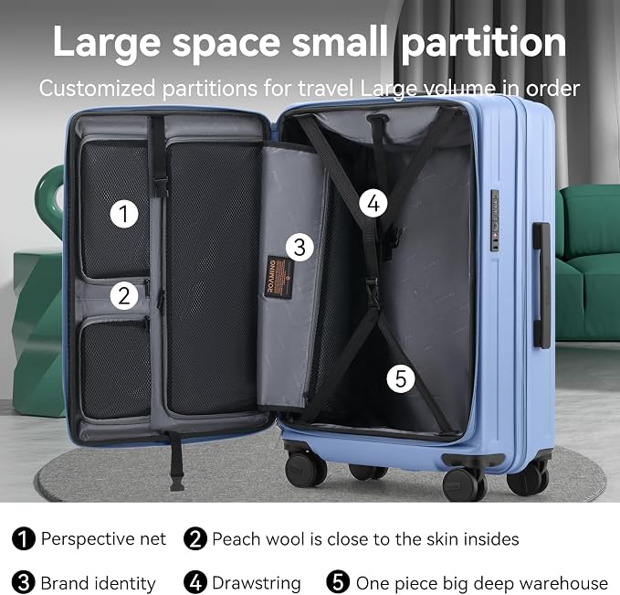 ROAMING 20 Inch Carry On Luggage Expandable TOP Opening Rolling Vacation Suitcase with Spinner Wheels and TSA Lock Cup Holder PC Hard Shell Travel Trolley Case for Shout Business Trips blue - Image 9