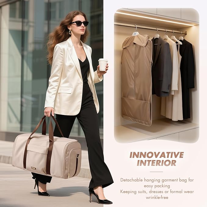 Convertible 2-in-1 Garment Bags for Travel,Women Men Carry On Garment Duffle Bag With Shoe Compartment,Hanging Suit bag,48L,Apricot - Image 6
