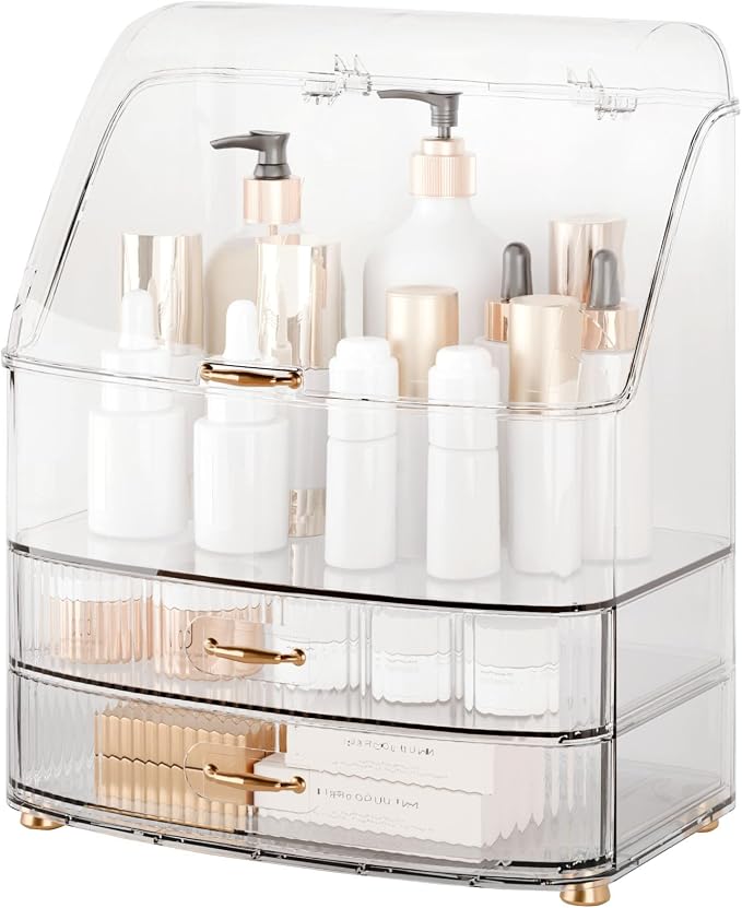 Makeup Organizer Countertop Vanity with Transparent Lid Drawers Waterproof Dustproof Cosmetic Skincare Bathroom Storage Gift for Women Teens Girls (Clear Whtie) by Unknown