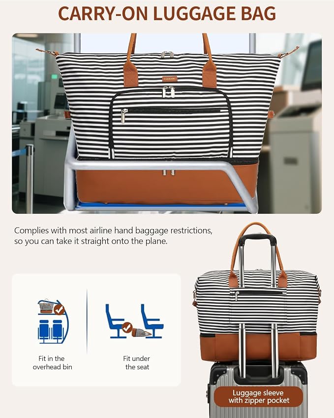 Weekender Bags for Women Travel, Under Seat Carry On Bags for Airplanes Overnight Bag with Shoe Compartment Luggage Sleeve, Foldie Travel Tote Bag Hospital Bag, Travel Gifts, Black Strip - Image 7
