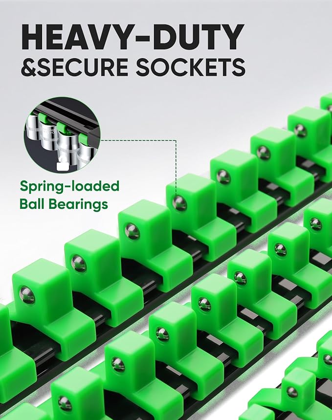 ALOANES 3PC ABS Socket Organizer, Socket Rails Fit 3/8 inch Drive | Portable Heavy Duty Socket Holders Hold up 45 Sockets for Mechanics Toolbox Drawer Bags(Green) - Image 3