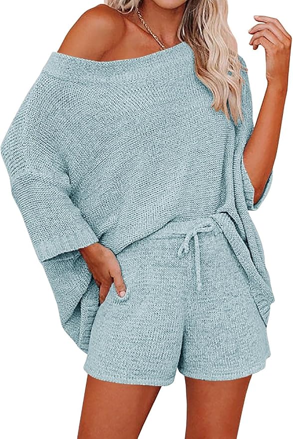 Ermonn Womens 2 Piece Outfits Sweater Sets Off Shoulder Knit Tops Waist Short Suits Casual Pajama Set by Ermonn