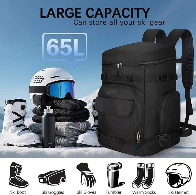 65L Waterproof Ski Boot Bag, Heavy Duty Snowboard Backpack for Helmet Goggles Gear, Air Travel Winter Sports Bag - Image 2